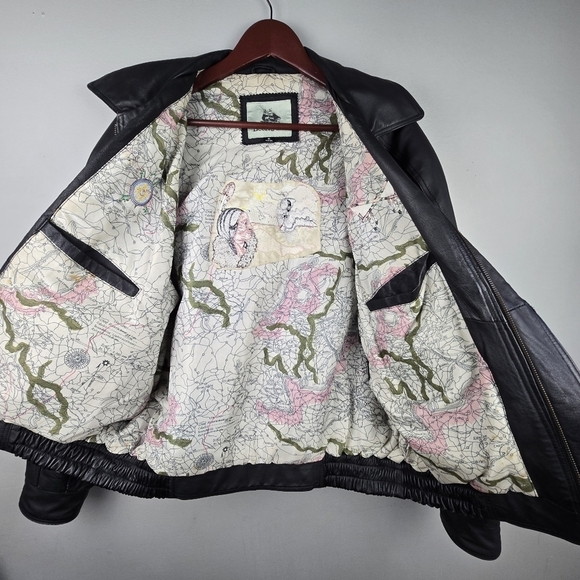 BURKS BAY Genuine Leather Bomber Jacket Map Print inside Embroidered Black Wm XL - Picture 6 of 16